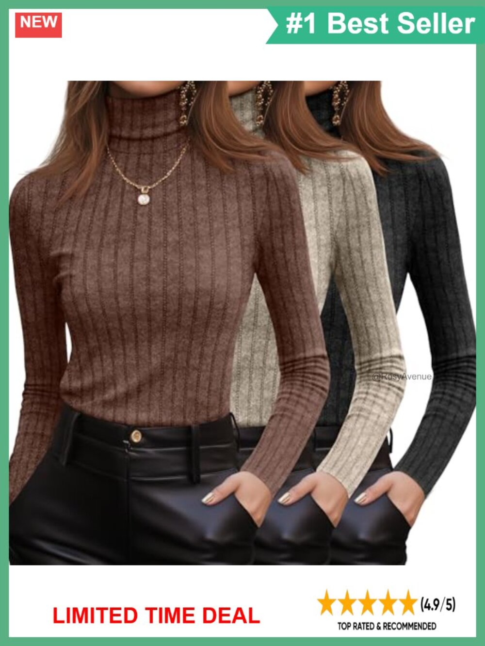 3 Pack Women's Turtleneck Long Sleeve Ribbed Knit Pullover Sweaters Slim Fit